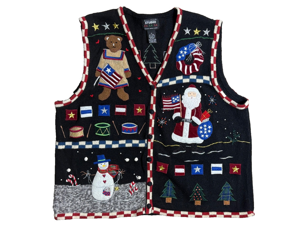 Americana Christmas Sweater Vest Black Vtg Plus 1X Country Santa Bear Snowman
